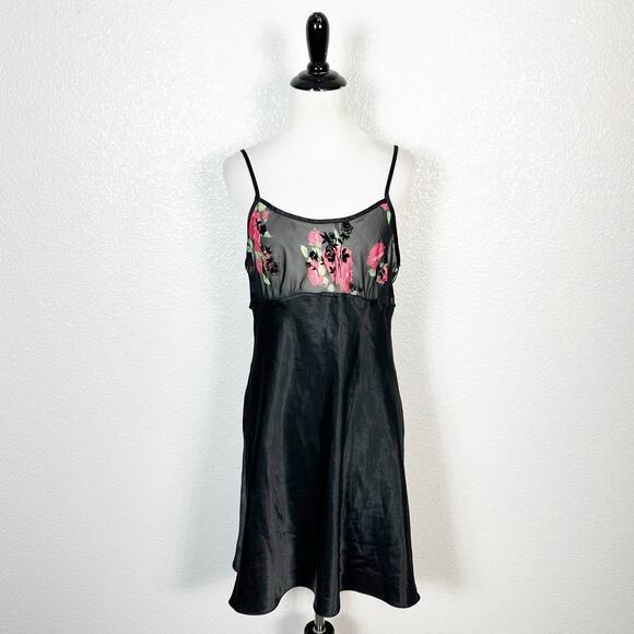 Y2K Vintage Sheer Burnout Satin Babydoll Slip Chemise Mini Dress Black Medium - Picture 1 of 9